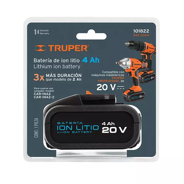Batería Ion Litio, 20v, 4 Ah, Truper Pro