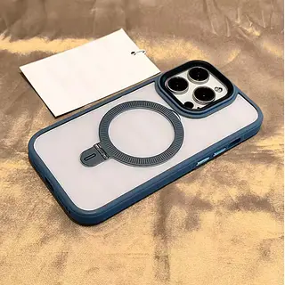 Case Transparente Magsafe Soporte Borde Azul Iphone 16pro+