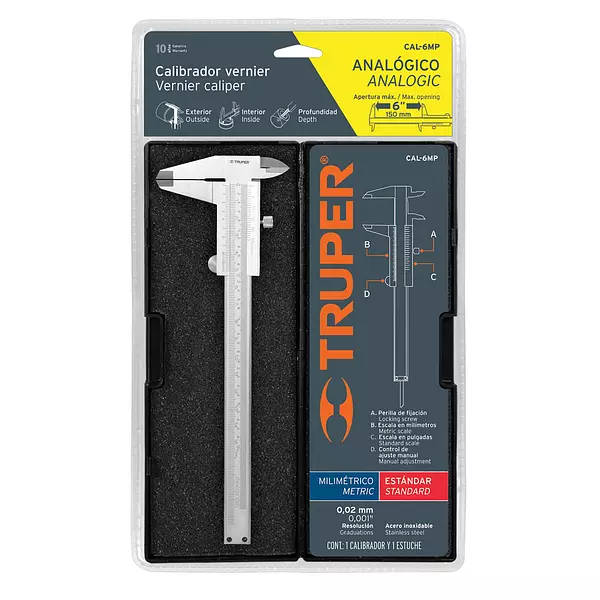 Calibrador Vernier Analógico 6" Acero Inox, Std Y Mm, Truper