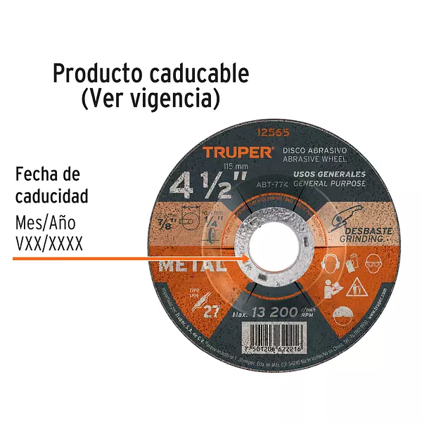 Disco Tipo 27 De 4-1/2" X 6.4 Mm Para Desbaste De Metal