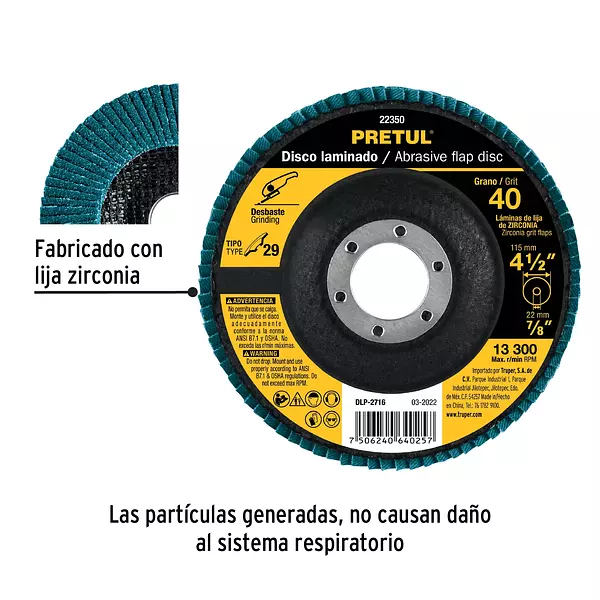 Disco Laminado 4-1/2", Grano 40 Centro 7/8", Fibra, Pretul