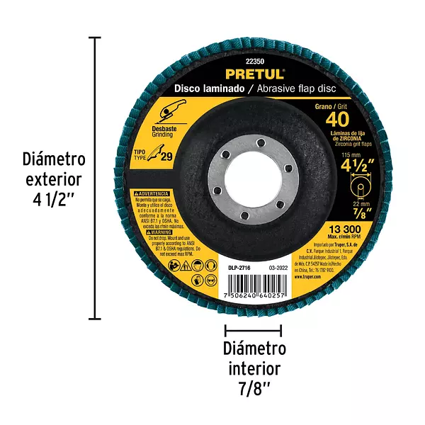 Disco Laminado 4-1/2", Grano 40 Centro 7/8", Fibra, Pretul