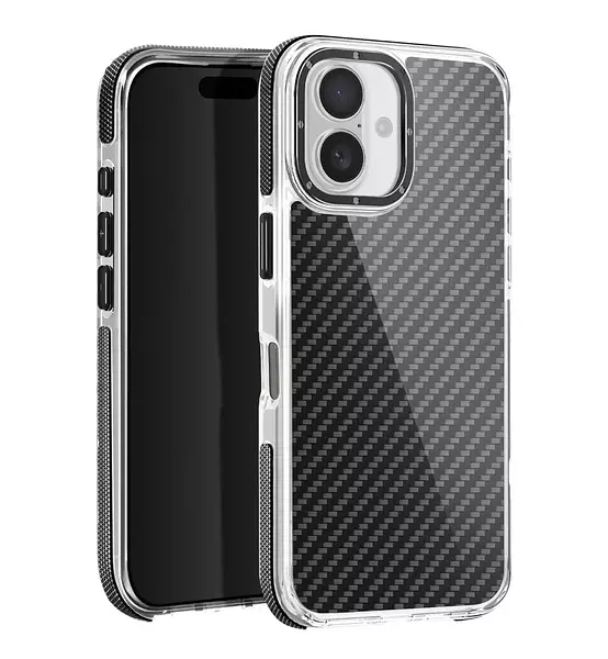 Case Borde Gris Fibra Carbono Soporte Cámara Iphone 15pro+
