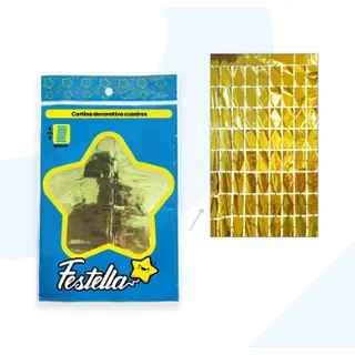 Cortina De Fiesta Espejo Cuadrados Gd Dorados