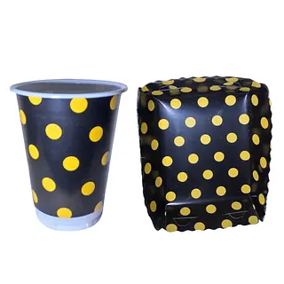 Platos Y Vasos Para Fiesta De Puntos Dorados Y Fondo Negro