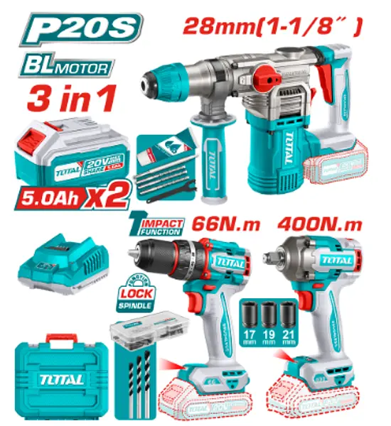 Taladro Atornillador + Pistola De Impacto + Rotomartillo 20v