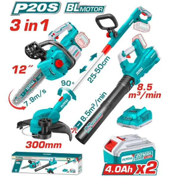 Motosierra Inalámbrica 12" + Guadañadora + Sopladora 20v