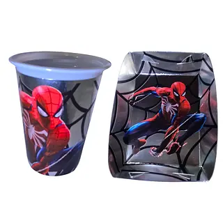 Platos Y Vasos Para Fiesta De Spider Man Fondo Plateado