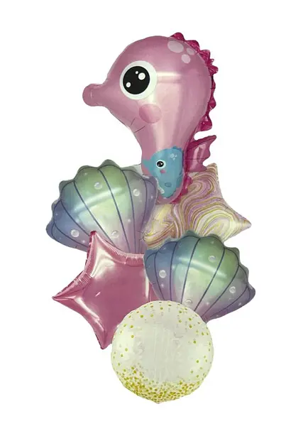 Bouquet De Globos Foil Acuatico Caballo De Mar Rosado