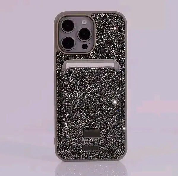 Case Diseño Swarovski Tarjetero Gris Iphone 15 Pro+