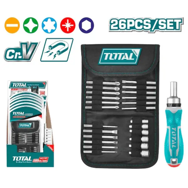 Juego De Puntas Con Destornillador Ractchet 26 Pzs Total