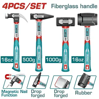 Combos De Martillos 4 Pcs Mango Fibra De Vidrio Total