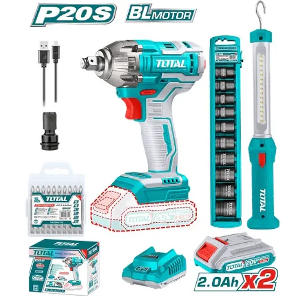 Taladro Impacto 20v 1/2 + 1 Lampara + 10 Copas + 2 Baterías
