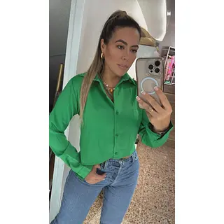 Camisa Verde Para Mujer Con Cuello Clásico, Mangas Fluidas Y