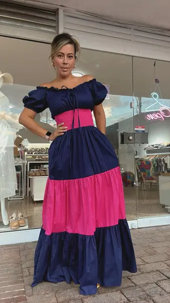 Vestido Largo Bicolor En Popelina