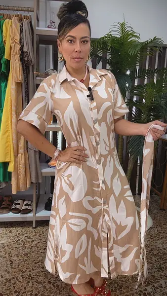Vestido Largo Camisero Beige Con Estampado Abstracto